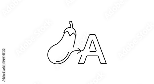 Stylized vector outline illustration of an eggplant connecting to the letter A, representing a