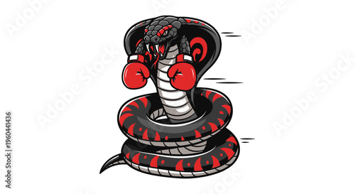 Aggressive Cobra Boxing Character Wearing Red Gloves Ready to Strike with Fierce Red Eyes and Striped Body