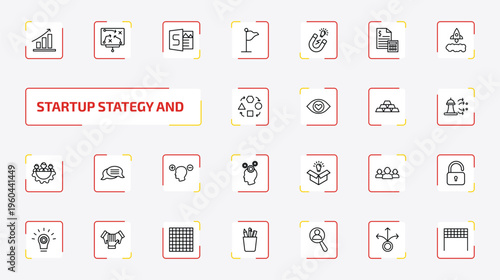 startup stategy and outline icon set. 25 linear vector for ui, web and mobile. thin line grow, strategy sketch, sway and more icons.