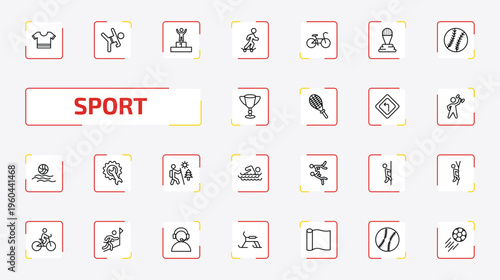 sport outline icon set. 25 linear vector for ui, web and mobile. thin line football jersey, wushu, number one athlete and more icons.