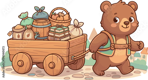 Adobe Illustrator Artwork cute wooden cart pulled by animal, filled with goods book cover clip art.