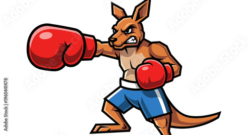 Cartoon Kangaroo Boxer Character Wearing Red Gloves and Blue Shorts Throwing a Punch Ready to Fight for Victory on White Background
