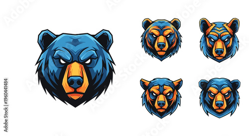 Mascot Bear Head Art Creative Design For Sports Team Or Gaming Brand Emblem 5 Styles Blue Yellow Orange Tones Realistic Style