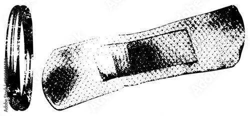 Black and white halftone graphic showing a broken electrical fuse and coil, technical schematic, vintage illustration, isolated vector element, electrical component diagram.
