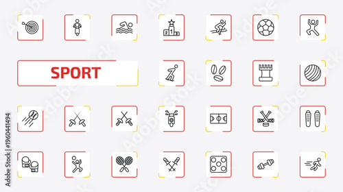 sport outline icon set. 25 linear vector for ui, web and mobile. thin line dartboard and dart, motorbike riding, swimming and more icons.
