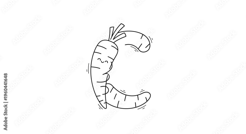 Fototapeta premium Whimsical black and white line art illustration of a cheerful carrot forming the uppercase letter