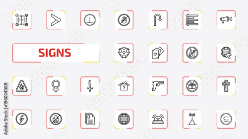 signs outline icon set. 25 linear vector for ui, web and mobile. thin line borders, is greater than, perpendicular and more icons.