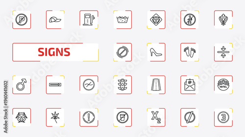 signs outline icon set. 25 linear vector for ui, web and mobile. thin line no parking, cap, gas station and more icons.