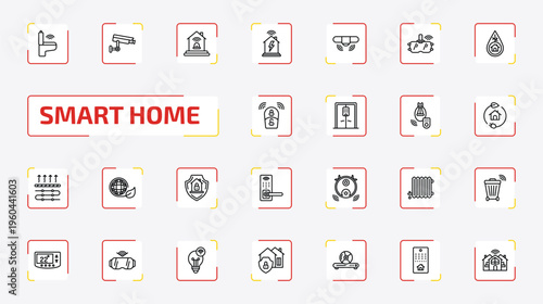 smart home outline icon set. 25 linear vector for ui, web and mobile. thin line smart toilet, security camera, alarm system and more icons.