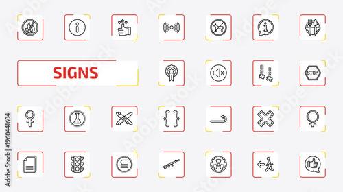 signs outline icon set. 25 linear vector for ui, web and mobile. thin line no fire allowed, info, superior and more icons.