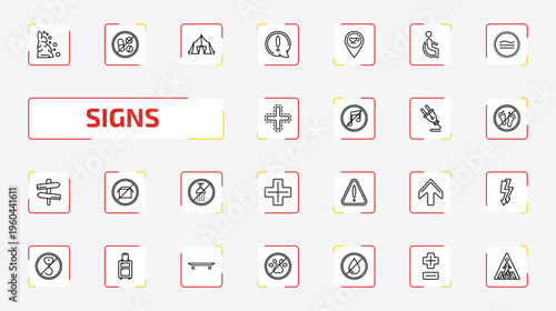 signs outline icon set. 25 linear vector for ui, web and mobile. thin line landslide, no drugs, tent and more icons.