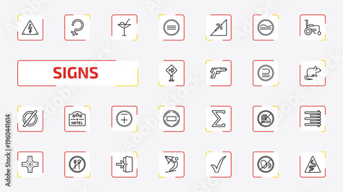 signs outline icon set. 25 linear vector for ui, web and mobile. thin line high voltage, ceres, drinks and more icons.