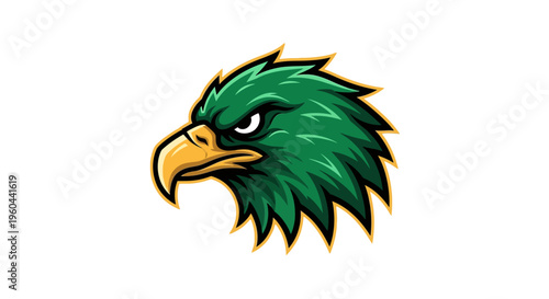 Powerful Green Eagle Head Mascot Fierce Profile View on White Background Graphic Design Element for Sports Teams or Branding