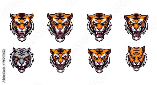 Fierce Tiger Head Collection Powerful Big Cat Portrait Set Aggressive Wild Animal Emblem Design Element Digital Artwork