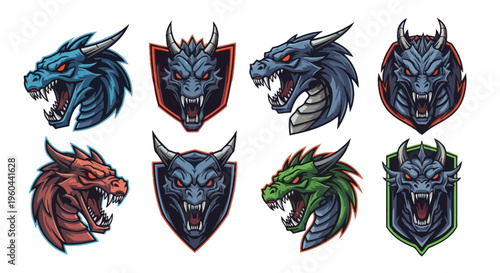 Collection of Ferocious Creature Head Emblems Featuring Mythical Beasts in Blue Red Green and Gray with Sharp Teeth and Horns for Gaming Esports or
