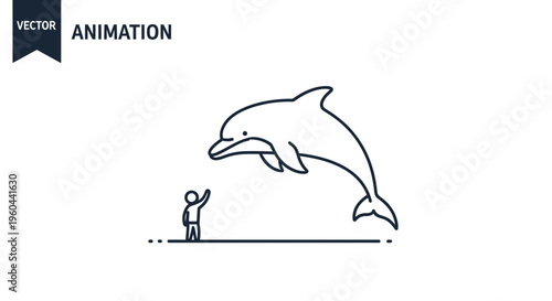 Minimalist vector illustration of a person engaging with a joyful jumping dolphin outline animation