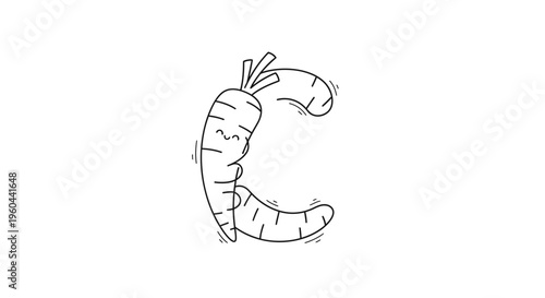 Whimsical black and white line art illustration of a cheerful carrot forming the uppercase letter