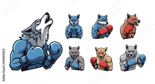 Various Fierce Animal Boxer Characters Including Howling Wolf With Blue Gloves And Multiple Anthropomorphic Canine Athletes Ready For Competition