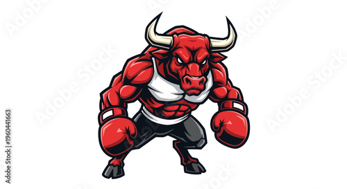 Mascot Muscular Red Bull Boxer Character Ready for Competition Standing in Fighting Pose with White Tank Top and Boxing Gloves