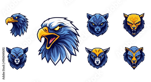 Majestic Eagle Head With Fierce Wolf And Bear Character Emblems For Branding And Gaming Designs