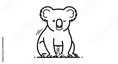 Symbolic line art portraying a tiny human finding solace beneath a giant koala silhouette