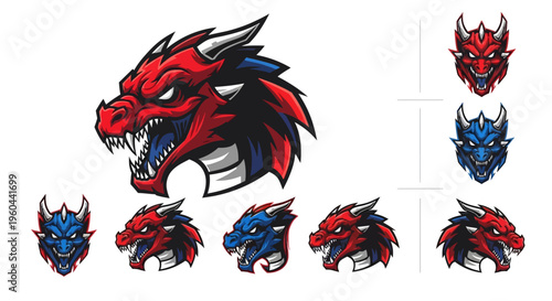 Fierce Red And Blue Dragon Head Emblem Set For Gaming And Sports Teams Fierce Mascot Design Elements