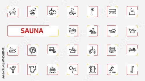 sauna outline icon set. 25 linear vector for ui, web and mobile. thin line hamam, foot bath, hygrometer and more icons.