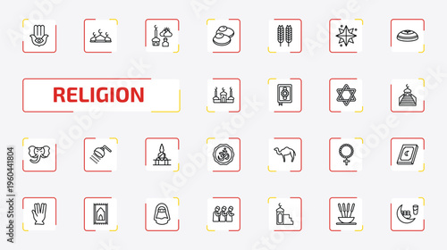 religion outline icon set. 25 linear vector for ui, web and mobile. thin line hamsa hand, abrahamic, fajr dawn prayer and more icons.