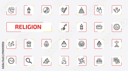 religion outline icon set. 25 linear vector for ui, web and mobile. thin line islamic halal, islamic lantern, forbidden foods and more icons.