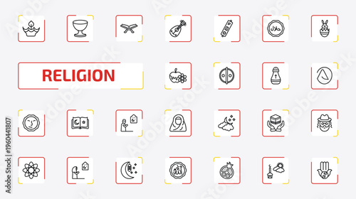 religion outline icon set. 25 linear vector for ui, web and mobile. thin line diwali, laver of washing, reading quran and more icons.