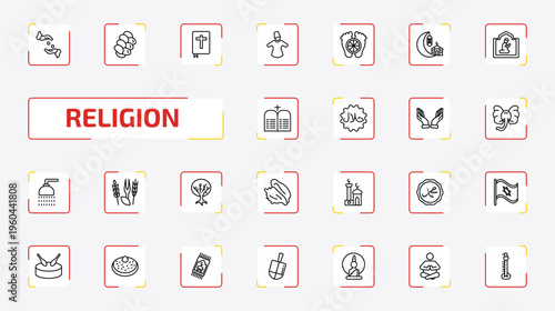 religion outline icon set. 25 linear vector for ui, web and mobile. thin line sadaqah, challah, gospel and more icons.