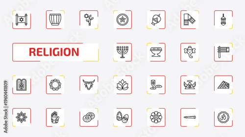 religion outline icon set. 25 linear vector for ui, web and mobile. thin line judaism, tablas, budding staff and more icons.