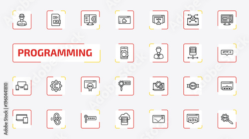 programming outline icon set. 25 linear vector for ui, web and mobile. thin line developer, jsx, computing and more icons.