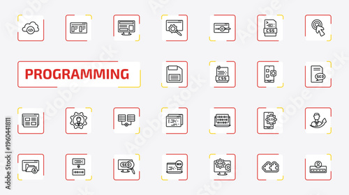 programming outline icon set. 25 linear vector for ui, web and mobile. thin line cloud storage, theme, program interface and more icons.