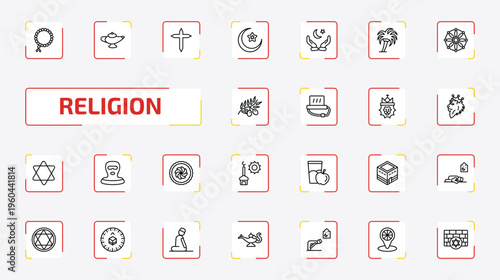 religion outline icon set. 25 linear vector for ui, web and mobile. thin line prayer beads, arabian magic lamp, cross and more icons.