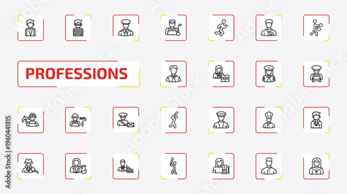 professions outline icon set. 25 linear vector for ui, web and mobile. thin line butler, thief, captain and more icons.