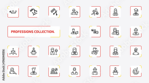 professions collection. outline icon set. 25 linear vector for ui, web and mobile. thin line archeologist, barber, hairdresser and more icons.