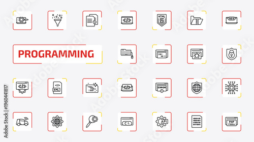 programming outline icon set. 25 linear vector for ui, web and mobile. thin line seo tools, seo funnel, duplicate and more icons.