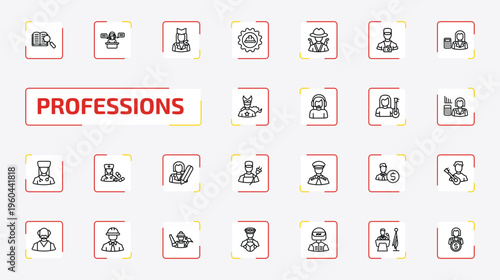 professions outline icon set. 25 linear vector for ui, web and mobile. thin line guide, secretary, air hostess and more icons.
