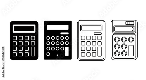 Set of four handheld calculators in different colors and styles.