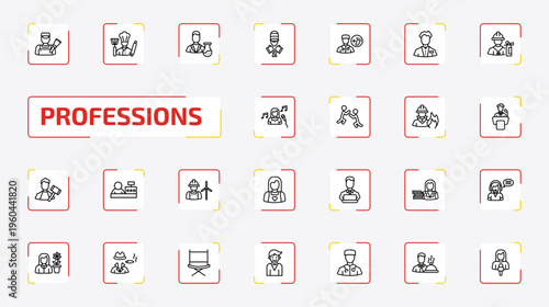 professions outline icon set. 25 linear vector for ui, web and mobile. thin line painter, cooker, scientist and more icons.