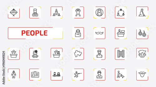 people outline icon set. 25 linear vector for ui, web and mobile. thin line vietnamese, amazonian, team work success and more icons.