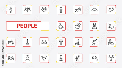 people outline icon set. 25 linear vector for ui, web and mobile. thin line man with open lock, restroom, no racism and more icons.