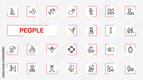 people outline icon set. 25 linear vector for ui, web and mobile. thin line sweeping person, cough, waving goodbye and more icons.