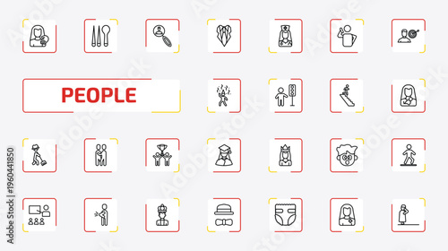 people outline icon set. 25 linear vector for ui, web and mobile. thin line sexual harassment, korean, recruit and more icons.