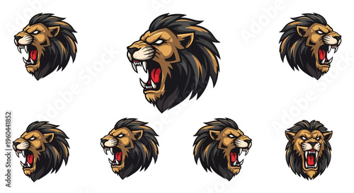Fierce Lion Head Collection Diverse Poses Roaring Captivating Majestic Wild Animal Expressions Isolated White Background