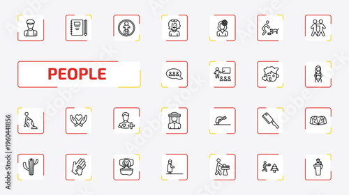 people outline icon set. 25 linear vector for ui, web and mobile. thin line dutch, pencil and notebook, baby zone and more icons.