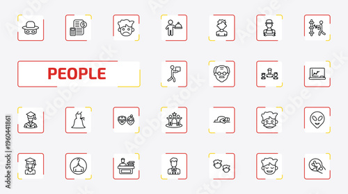 people outline icon set. 25 linear vector for ui, web and mobile. thin line zorro, book keeper, sad smile and more icons.