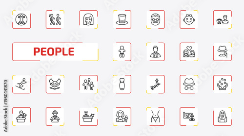 people outline icon set. 25 linear vector for ui, web and mobile. thin line vitruvian man, children in school, girl smile and more icons.