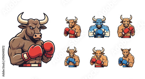 Mascot Character Bull Boxer With Muscle And Boxing Gloves Ready For Competition And Sports Themes